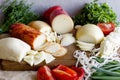 Assorted cheeses in various shapes and sizes