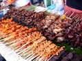 Assorted chicken and pork innards barbecue sold at street food carts Royalty Free Stock Photo
