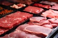 Assorted chilled meat in trays on the counter of a store or market. Generative AI. Royalty Free Stock Photo