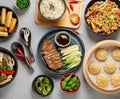 Assorted Chinese food set on light background