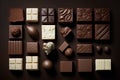 Assorted chocolate bars on brown background. Top view. Flat lay.