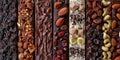 Assorted chocolate bars with different toppings in rows. World Chocolate Day