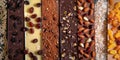 Assorted chocolate bars with different toppings in rows. World Chocolate Day
