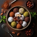 Assorted chocolate truffles, displayed in a bowl, feature various coatings like cocoa, powdered Royalty Free Stock Photo