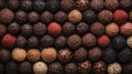 Assorted chocolate truffles displayed in rows with varied colors and textures Royalty Free Stock Photo