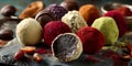 Assorted chocolate truffles displayed on a slate surface. Each truffle is coated in Royalty Free Stock Photo