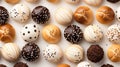 Assorted chocolates, airy cookies, bonbons, top view, close-up. Food background.
