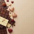 Assorted chocolates are arranged on a light beige background. Royalty Free Stock Photo