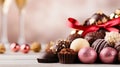 Assorted chocolates on blurred bokeh background, sweet candy treats, vertical composition