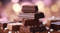 Assorted chocolates on blurred bokeh background sweet candy treats, vertical composition