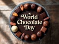 Assorted Chocolates and Cocoa Beans Framed Around World Chocolate Day Text on Stone Surface Royalty Free Stock Photo