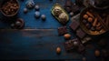 Assorted chocolates with nuts and candies on wooden background. top view, copy space.