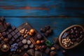 Assorted chocolates with nuts and candies on wooden background. top view, copy space.