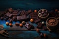 Assorted chocolates with nuts and candies on wooden background. top view, copy space.