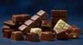 Assorted chocolates in various shapes and sizes are arranged on a dark surface