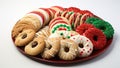 Assorted Christmas cookies on a plate isolated on a white background