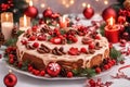 Assorted Christmas desserts and sweets. Panoramic table on rustic wooden background. Bandt cake, chocolate cake, mince pies,