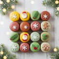 Assorted Christmas-themed macarons are neatly arranged in a grid on a light wooden surface. Royalty Free Stock Photo