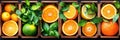 Assorted citrus fruits in wooden crates with green leaves