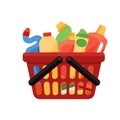Assorted cleaning items in plastic shopping basket Cleaning accessories flat style