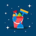 Assorted cleaning items set with brooms, bucket, mops, spray, brushes, sponges. Royalty Free Stock Photo