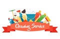 Assorted cleaning items set with brooms, bucket, mops, spray, brushes, sponges. Cleaning service. Cleaning accessories flat style Royalty Free Stock Photo