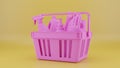 Assorted cleaning products all in pink on a yellow background. 3d rendering.