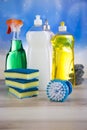 Assorted cleaning products, home work colorful theme Royalty Free Stock Photo