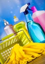 Assorted cleaning products, home work colorful theme Royalty Free Stock Photo