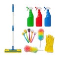 Assorted cleaning supplies including broom, mops, and spray bottles isolated on transparent background Royalty Free Stock Photo