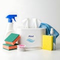 Assorted cleaning supplies and tools arranged neatly on a surface Royalty Free Stock Photo