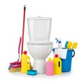Assorted cleaning tools and supplies arranged around a toilet Royalty Free Stock Photo
