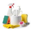 Assorted cleaning tools and supplies arranged on a white background Royalty Free Stock Photo