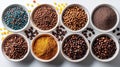 Assorted coffee beans and colorful spices - generative ai Royalty Free Stock Photo