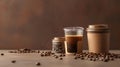 Assorted coffee cups and aromatic beans on a warm backdrop. a cozy coffee break scene for cafes and menus. simple