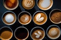 Assorted Coffee Cups With Various Types of Brews, Multiple cups of coffee with a variety of coffee drinks in an overhead view, AI Royalty Free Stock Photo