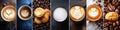 Assorted Coffee Drinks with Creamy Latte Art, Biscuits, and Beverages on Dark Background Display Royalty Free Stock Photo