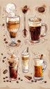 Assorted coffee drinks and desserts with decorative elements for cafe menu design. AI Royalty Free Stock Photo