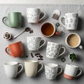 Assorted coffee mugs arranged on a gray fabric surface, featuring various designs including Royalty Free Stock Photo