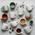 Assorted coffee mugs with various patterns, including abstract designs and coffee beans, arranged Royalty Free Stock Photo
