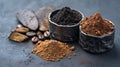 Assorted coffee powders and beans on a dark surface. Different types of ground coffee in bowls for brewing or baking. Rustic and