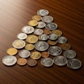 Assorted coins arranged in a triangular pattern on a wooden surface Royalty Free Stock Photo
