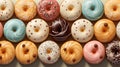 Assorted and collage of delicious glazed donuts, a popular dessert, TOP view, photo for pastry shop and cafe menu