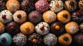 Assorted and collage of delicious glazed donuts, a popular dessert, TOP view, photo for pastry shop and cafe menu
