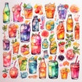 Assorted collection of 2D soft drink stickers in watercolor style, generated by AI