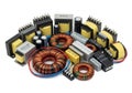 Assorted collection of electronic transformers and inductors in various sizes and types Royalty Free Stock Photo