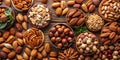 Assorted collection of fresh nuts including almonds walnuts and pecans perfect for healthy snack options AI-Created Content