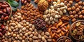 Assorted collection of fresh nuts including almonds walnuts and pecans perfect for healthy snack options AI-Created Content