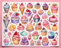 Assorted collection of tasty sweets stickers, pastel watercolor arrangement