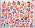 Assorted collection of tasty sweets stickers, pastel watercolor arrangement